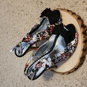 Rampage Girasole Black Bow Floral Design Open Toe Heels Sz 7M